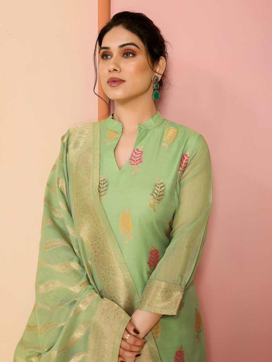 Mahendi Designer Readymade Chanderi Pant Suit With Wevon Jacquard Designer