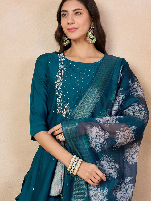 Teal Viscose Chanderi Pant Suit Acy8626 Back View