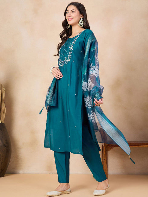 Teal Viscose Chanderi Pant Suit Acy8626 Salwar Kameez