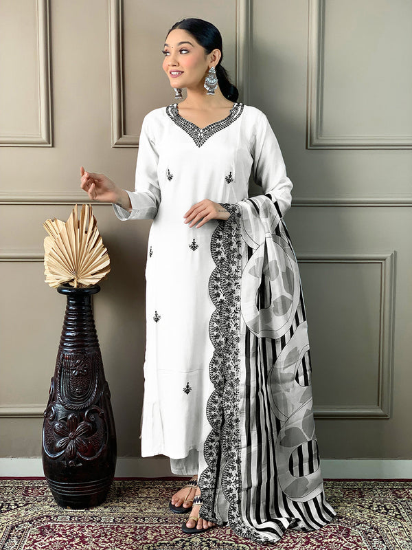 Off White Viscose Chanderi Pant Suit Acy8628