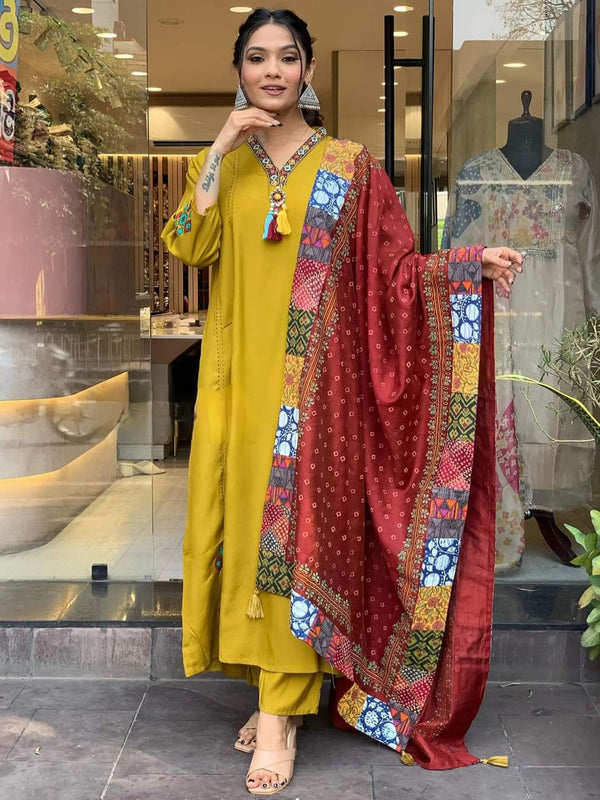 Mustard Viscose Chanderi Pant Suit Acy8657