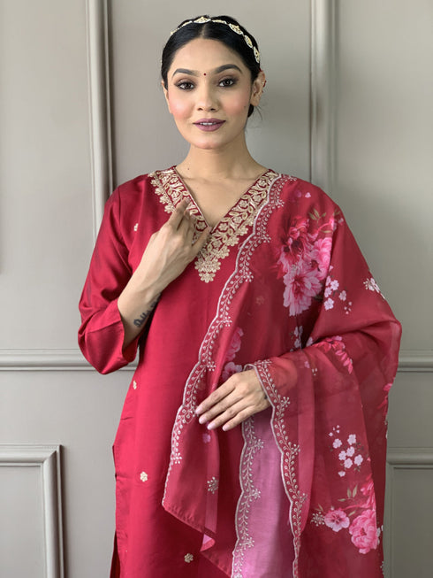 Red Viscose Chanderi Pant Suit Acy8658
