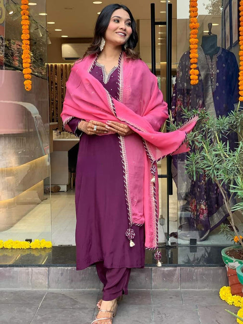 Wine Modal Silk Pant Suit Acy8661 Closure View