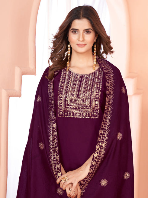 Wine Viscose Chanderi Pant Suit Acy8668 Back View