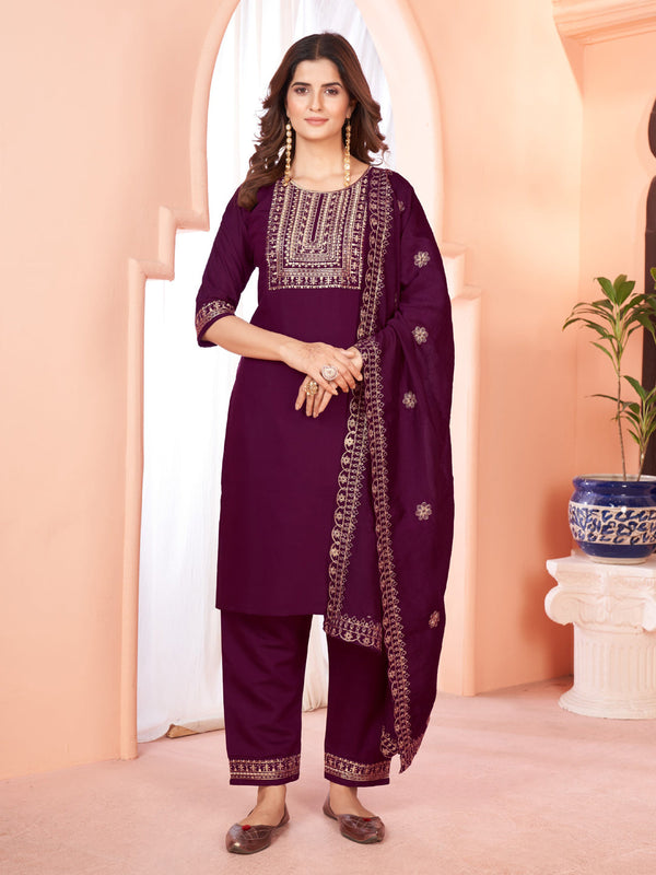 Wine Viscose Chanderi Pant Suit Acy8668