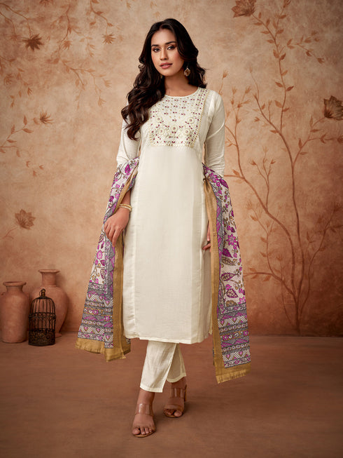 Off White Viscose Chanderi Pant Suit Acy8669