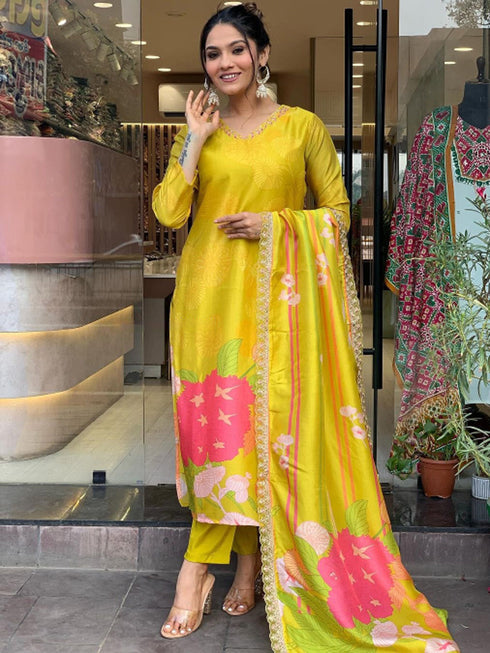 Yellow Natural Crepe Pant Suit Acy8671