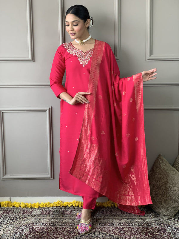 Red Viscose Chanderi Pant Suit Acy8675