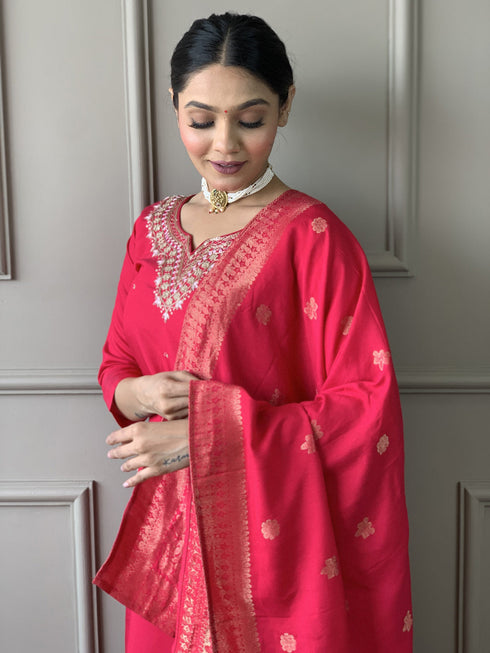 Red Viscose Chanderi Pant Suit Acy8675 Back View