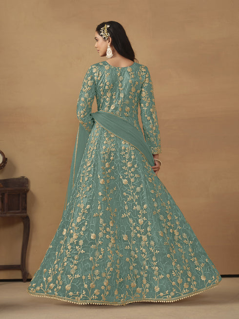 Green Net Anarkali Dress Acy8761 Closure View
