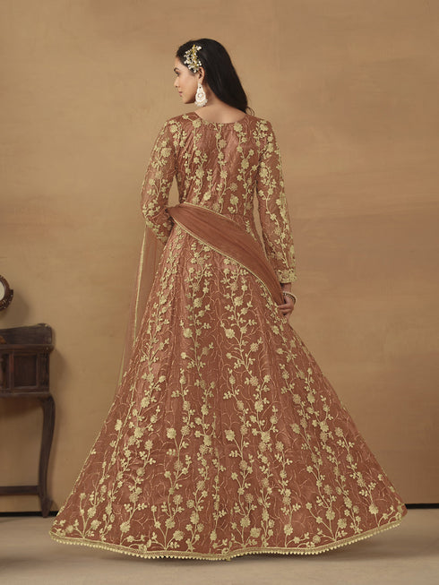 Rust Net Anarkali Dress Acy8762 Closure View