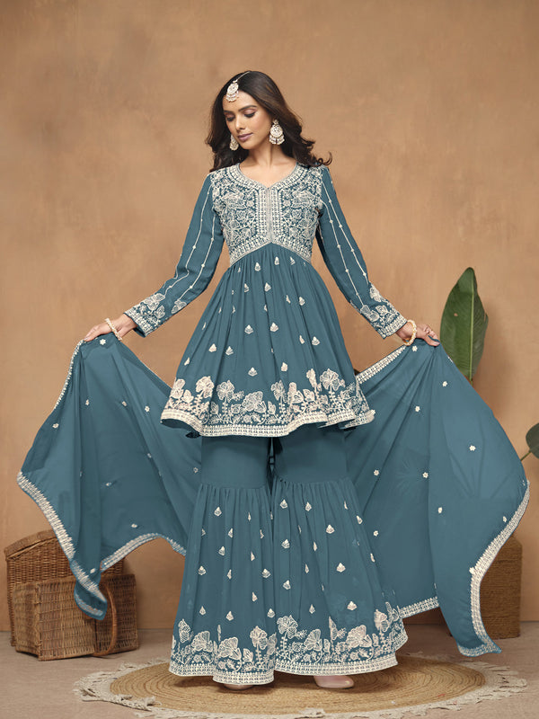 Teal Faux Georgette Sharara Suit Acy8831