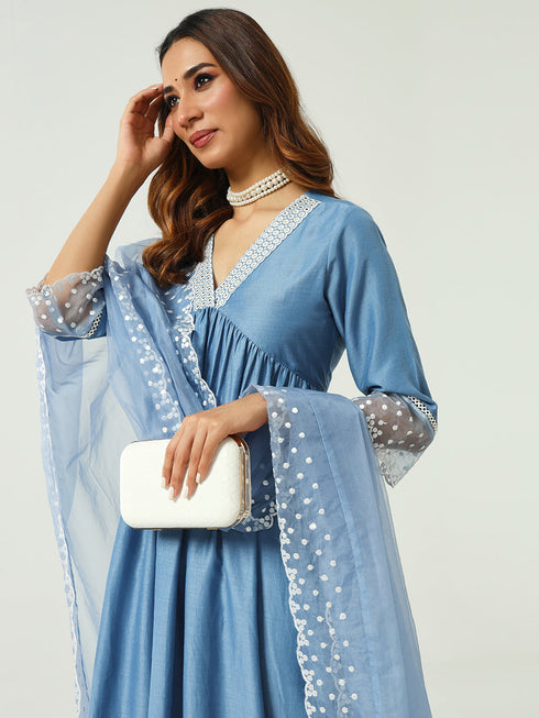 Blue Silk Blend Pant Suit Acy9226 Closure View