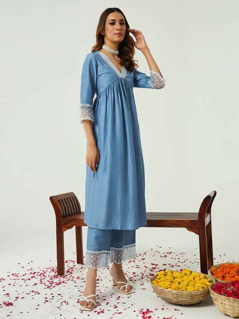 Blue Silk Blend Pant Suit Acy9226