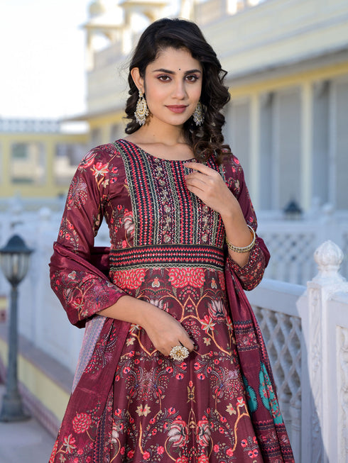 Burgundy Dola Silk Anarkali Dress Acy9242 Back View