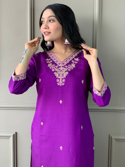 Purple Viscose Chanderi Pant Suit Acy9273 Back View