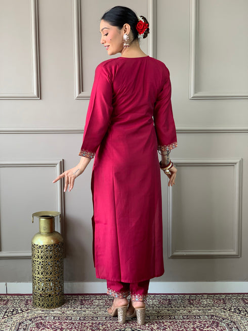 Red Viscose Chanderi Pant Suit Acy9276 Closure View