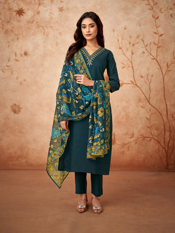Teal Blue Viscose Chanderi Pant Suit Acy9278