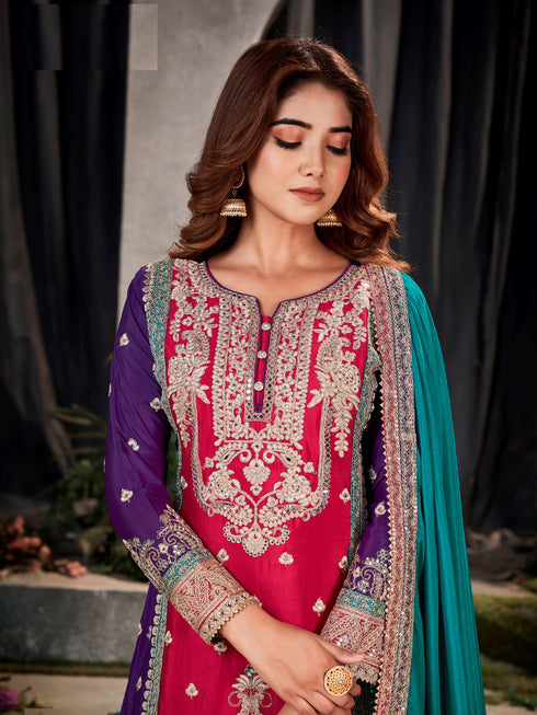 Pink-Purple Chinon Palazzo Suit Acy9379 Closure View