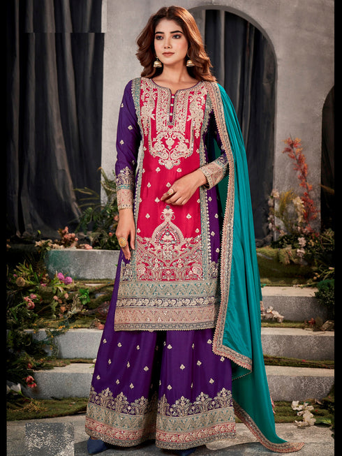 Pink-Purple Chinon Palazzo Suit Acy9379