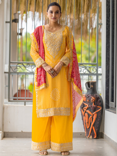 Yellow Chinon Palazzo Suit Acy9382