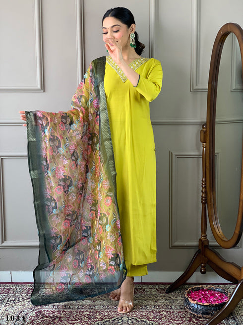 Lime Viscose Chanderi Pant Suit Acy9402