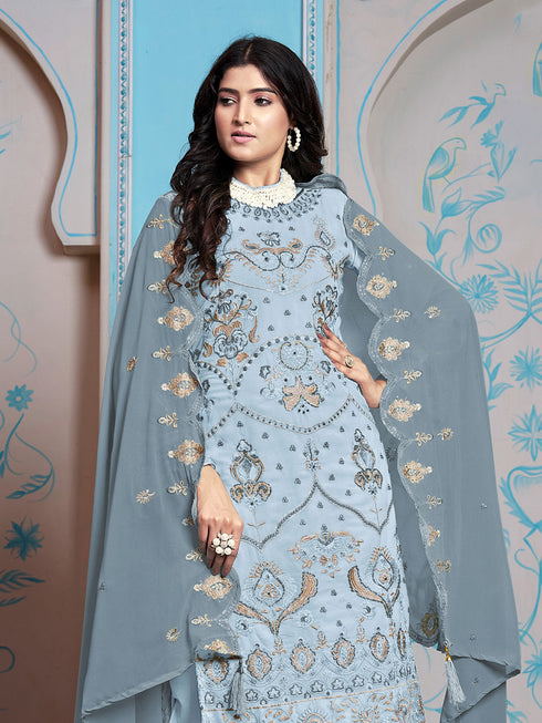 Blue Faux Georgette Pant Suit Acy9434 Closure View