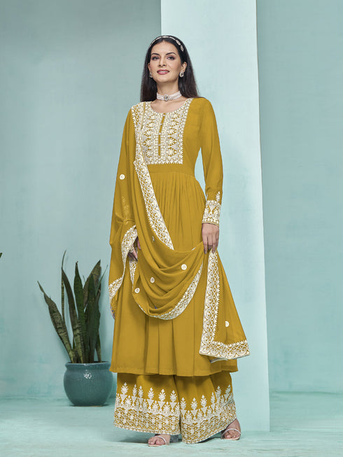 Mustard Faux Georgette Palazzo Suit Acy9448 Back View