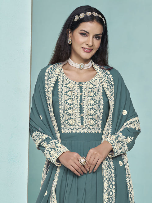 Teal Faux Georgette Palazzo Suit Acy9450 Closure View