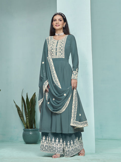 Teal Faux Georgette Palazzo Suit Acy9450