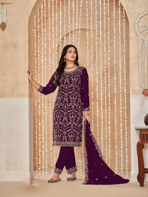 Wine Faux Georgette Pant Suit Acy9457 Back View