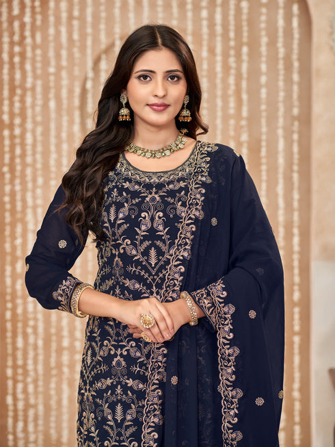Blue Faux Georgette Pant Suit Acy9458 Closure View