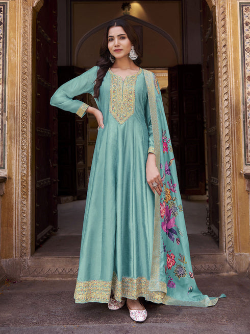 Sky Blue Vichitra Silk Anarkali Dress Acy9461