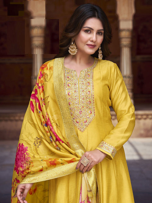 Yellow Vichitra Silk Anarkali Dress Acy9462 Closure View
