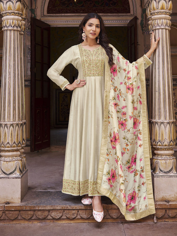 Cream Vichitra Silk Anarkali Dress Acy9463