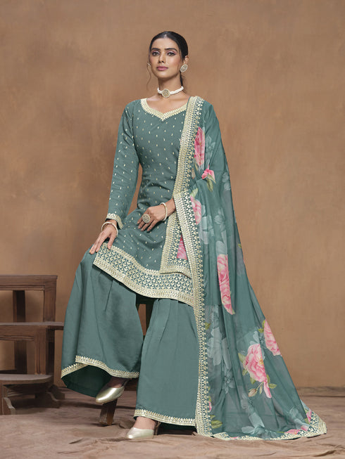 Teal Roman Silk Palazzo Suit Acy9470 Back View