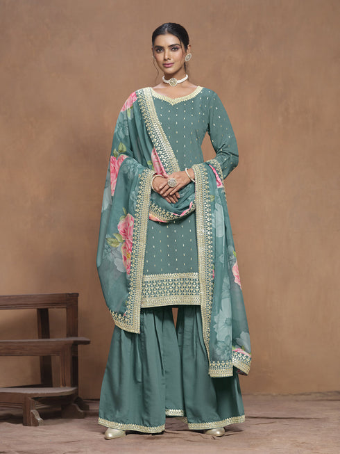 Teal Roman Silk Palazzo Suit Acy9470