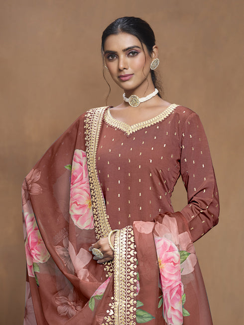 Brown Roman Silk Palazzo Suit Acy9472 Closure View