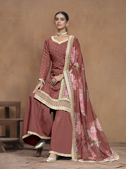 Brown Roman Silk Palazzo Suit Acy9472 Back View