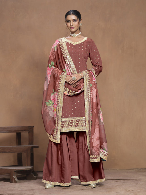 Brown Roman Silk Palazzo Suit Acy9472