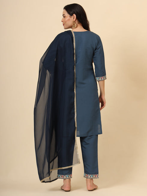 Teal Blue Silk Blend Pant Suit Acy9475 Closure View