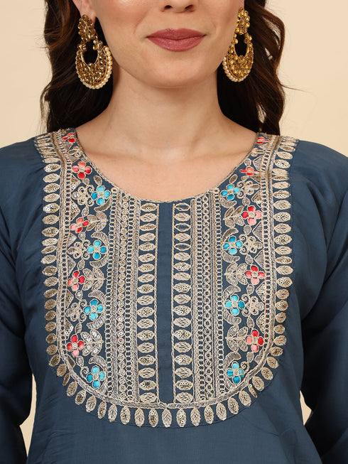 Teal Blue Silk Blend Pant Suit Acy9475 Back View