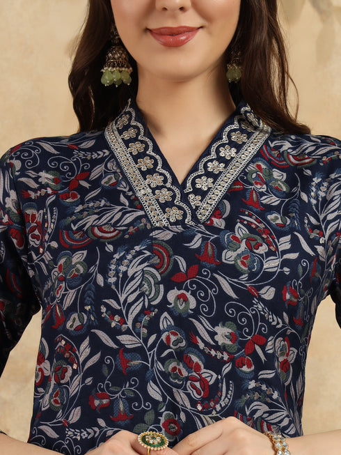 Navy Blue Viscose Chanderi Pant Suit Acy9760 Back View
