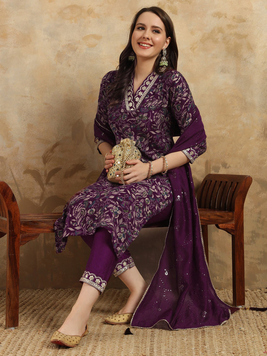 Wine Viscose Chanderi Pant Suit Acy9761 Wine Designer Printed ...