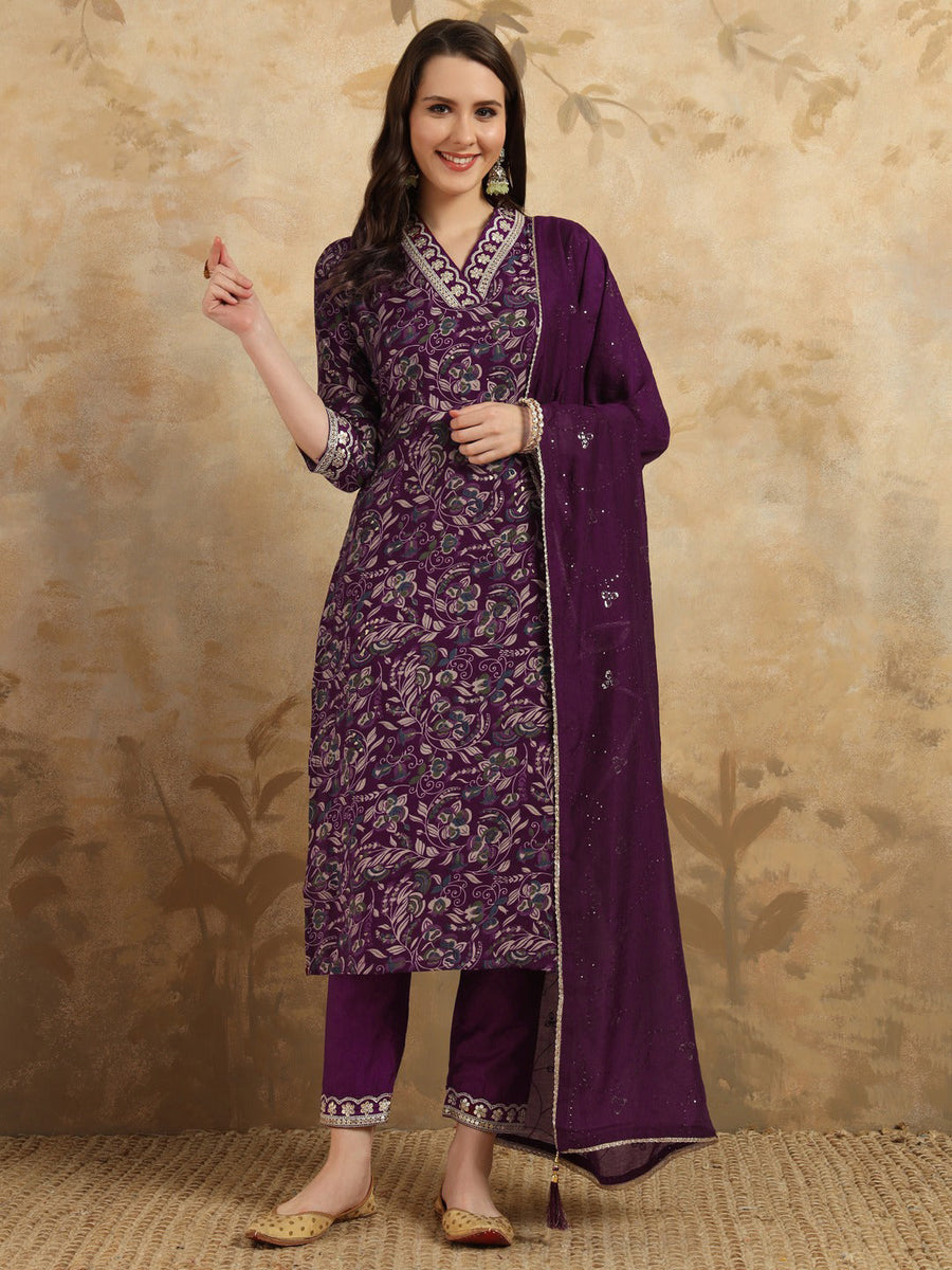 Wine Viscose Chanderi Pant Suit Acy9761 Wine Designer Printed ...
