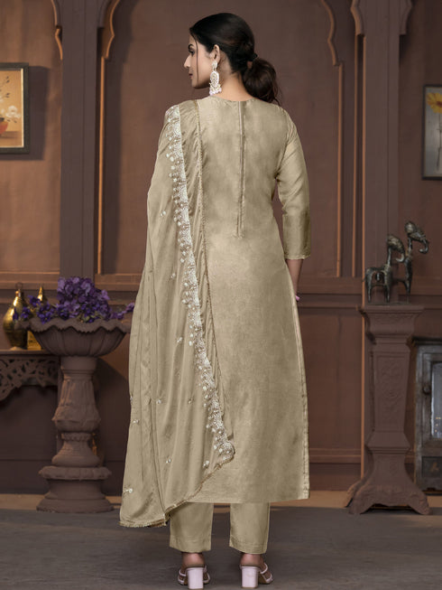 Beige Viscose Organza Pant Suit Acy9831 Closure View