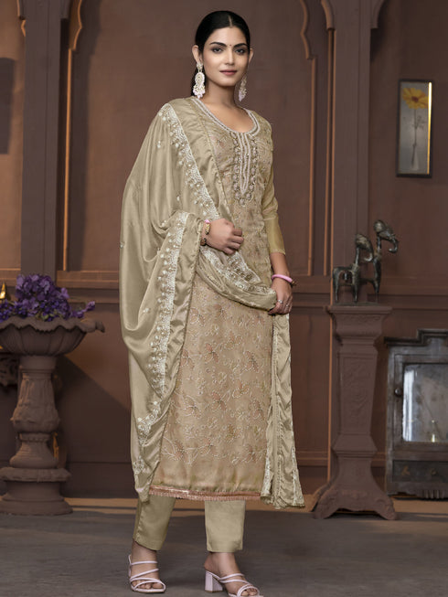 Beige Viscose Organza Pant Suit Acy9831 Salwar Kameez