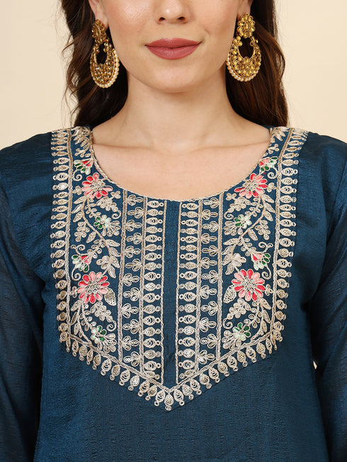 Teal Blue Vichitra Silk Pant Suit Acy9874 Back View