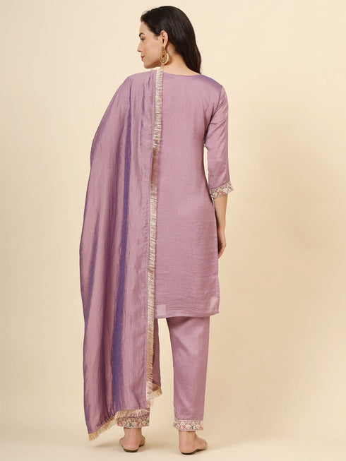 Purple Vichitra Silk Pant Suit Acy9875 Closure View