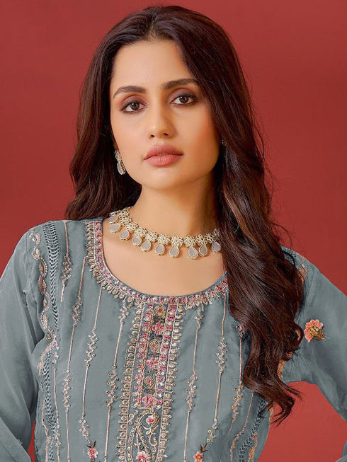 Grey Georgette Pant Suit Acy9974 Closure View